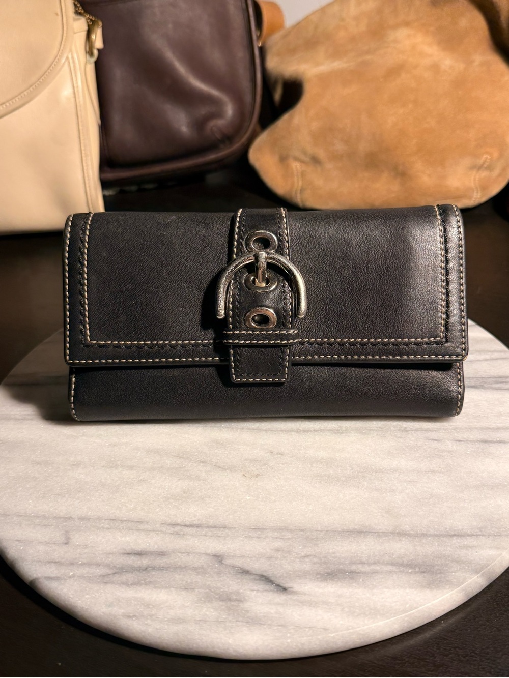 Vintage Coach Soho Black Leather Buckle Accordion Wallet Y2K- Black